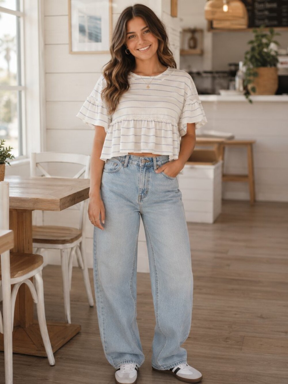 Altar’d State Striped Peplum Top | Flutter Sleeve Cotton Knit | Medium